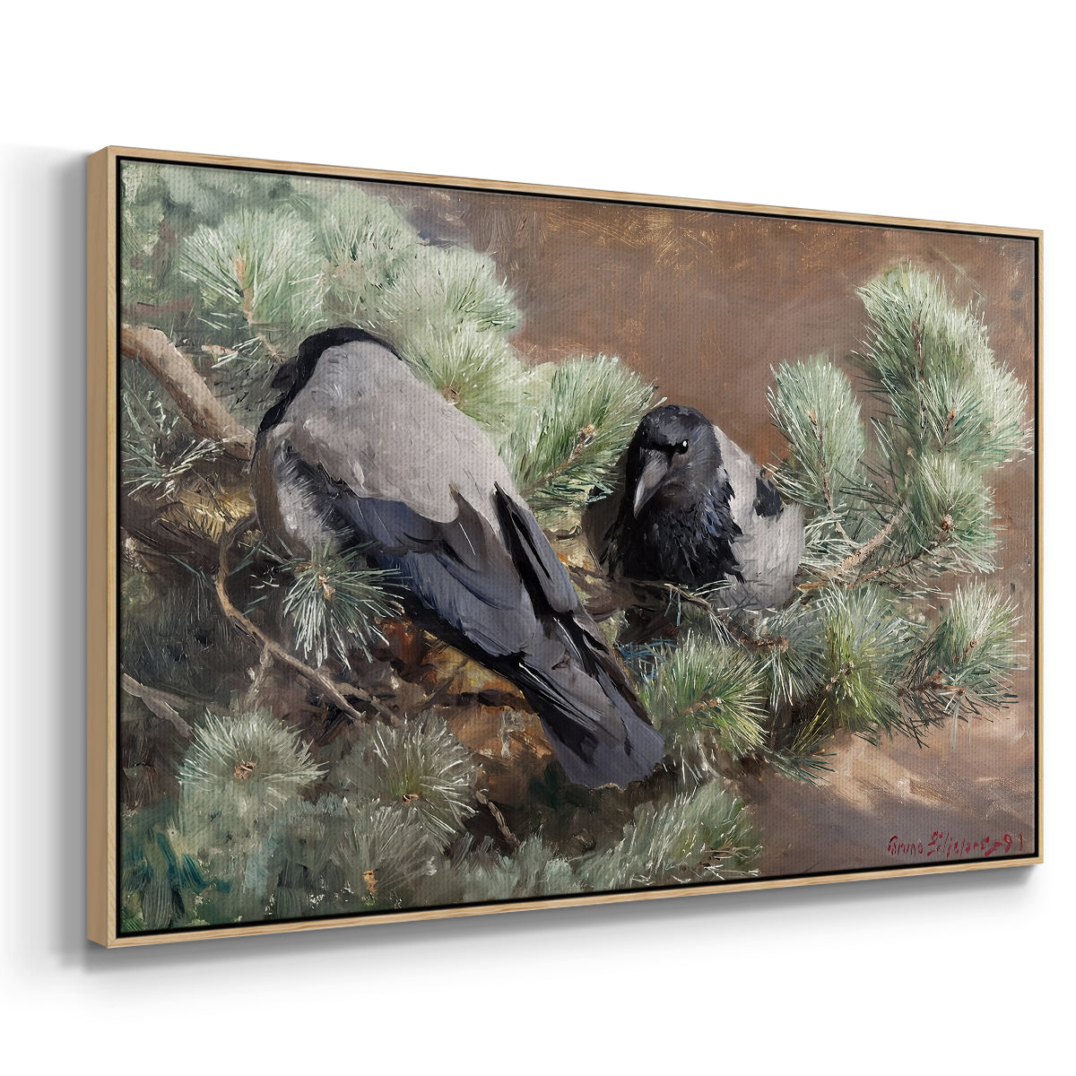 Angled view of Hooded Crows (Kråkor), 1891 by Bruno Liljefors in a natural wood floater framed canvas.