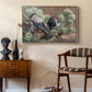 Hooded Crows (Kråkor), 1891 by Bruno Liljefors as a natural wood floater framed canvas featuring a realistic scene of crows interacting on grassy terrain, styled above a mid-century console in a contemporary living area.