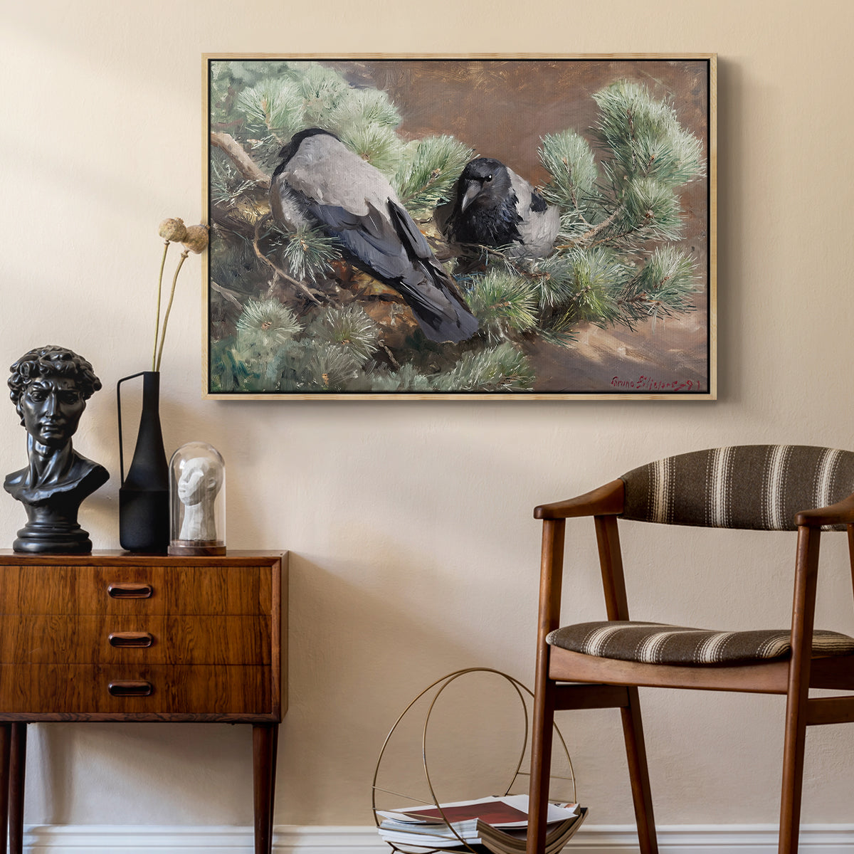 Hooded Crows (Kråkor), 1891 by Bruno Liljefors as a natural wood floater framed canvas featuring a realistic scene of crows interacting on grassy terrain, styled above a mid-century console in a contemporary living area.