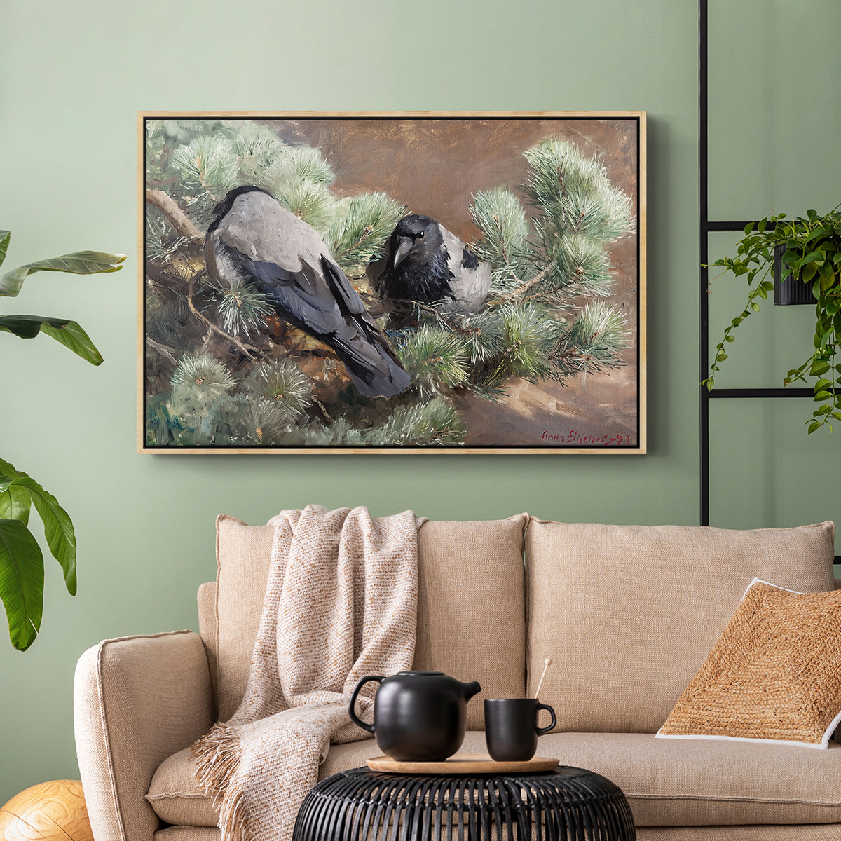 Natural wood floater framed canvas featuring a wildlife painting of dark birds against muted landscape, displayed above a sofa in a modern living room.