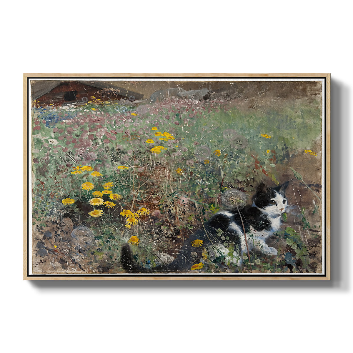 Cat on a Flowery Meadow, 1887 by Bruno Liljefors in a natural wood floater framed canvas wall art display.