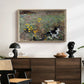Cat on a Flowery Meadow, 1887 by Bruno Liljefors displayed in a natural wood floater framed canvas above a dark wood credenza in an entryway.