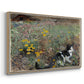 Angled view of Cat on a Flowery Meadow, 1887 by Bruno Liljefors in a natural wood floater framed canvas.