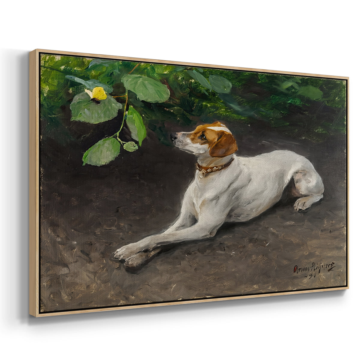 Angled view of Portrait of a Dog, 1891 by Bruno Liljefors in a natural wood floater framed canvas.