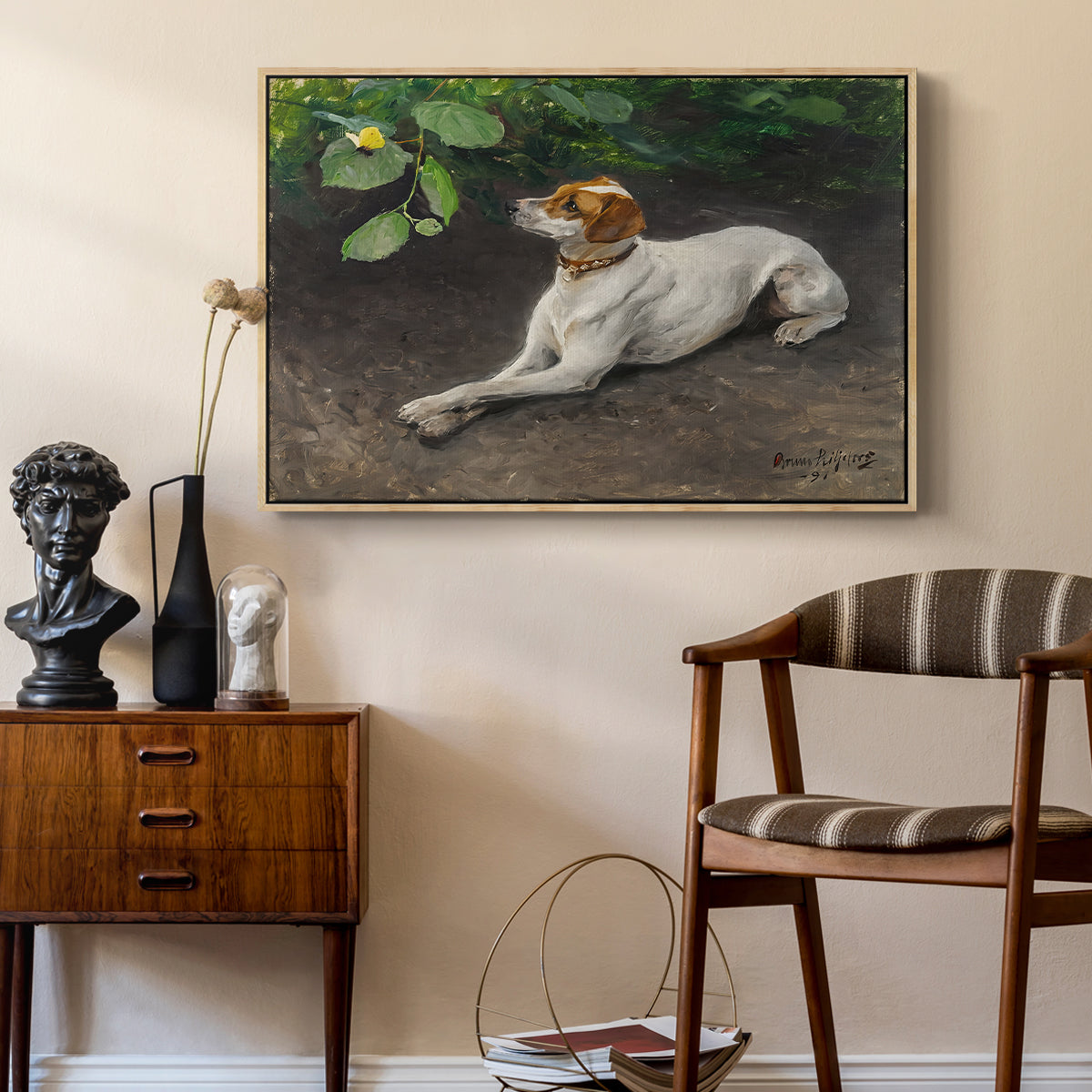Portrait of a Dog, 1891 by Bruno Liljefors as a natural wood floater framed canvas featuring an animal painting of dog stretched out on earthy terrain, styled above a mid-century console in a contemporary living area.