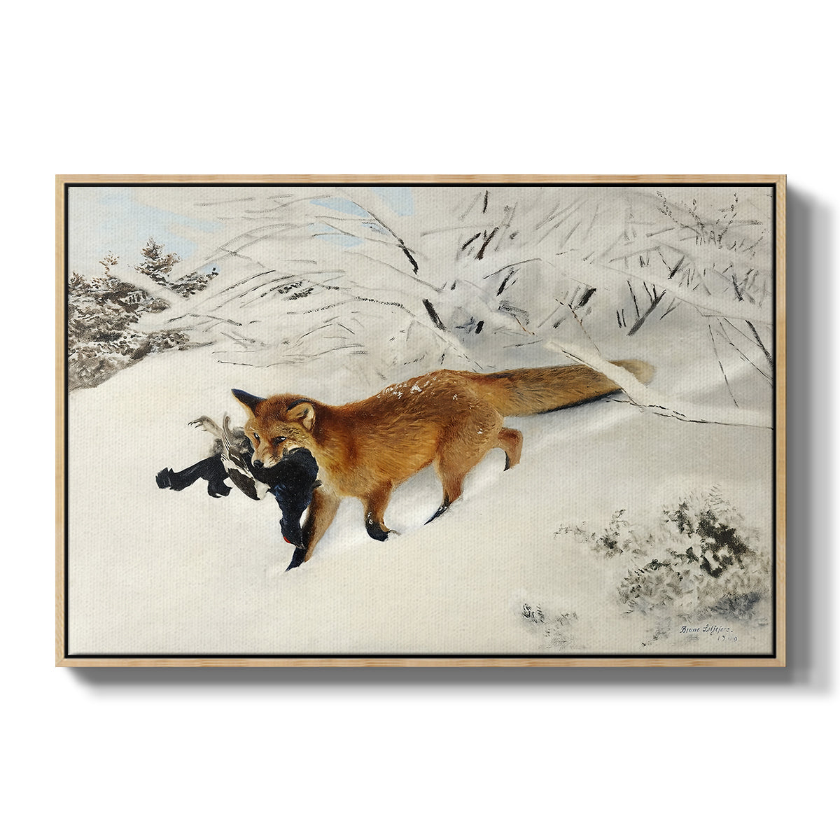 Fox in Snow Landscape, 1900 by Bruno Liljefors in a natural wood floater framed canvas wall art display.