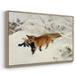 Angled view of Fox in Snow Landscape, 1900 by Bruno Liljefors in a natural wood floater framed canvas.