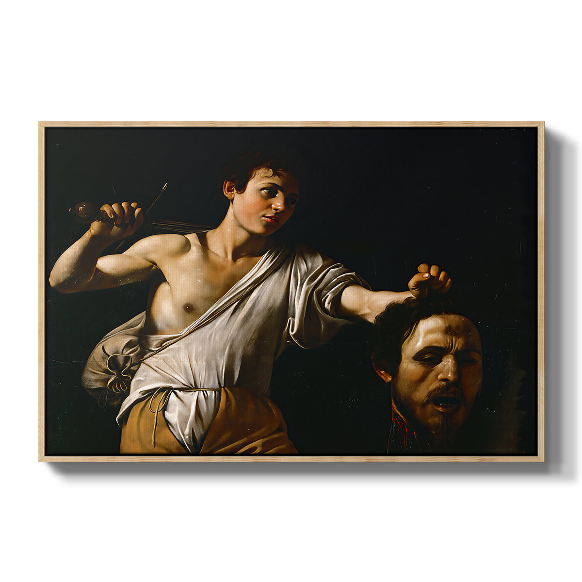 David with the Head of Goliath (Vienna Version), c. 1607 by Caravaggio in a natural wood floater framed canvas wall art display.