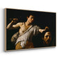 Angled view of David with the Head of Goliath (Vienna Version), c. 1607 by Caravaggio in a natural wood floater framed canvas.