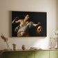 Natural wood floater framed canvas of David with the Head of Goliath (Vienna Version), c. 1607 by Caravaggio, featuring a biblical scene of David gripping Goliath's head with dramatic lighting above a sideboard in a softly lit hallway.