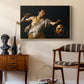 David with the Head of Goliath (Vienna Version), c. 1607 by Caravaggio as a natural wood floater framed canvas featuring a Baroque depiction of youth holding severed head in shadowy setting, styled above a mid-century console in a contemporary living area.