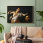 Natural wood floater framed canvas featuring an intense religious scene with figure emerging from darkness holding trophy, displayed above a sofa in a modern living room.