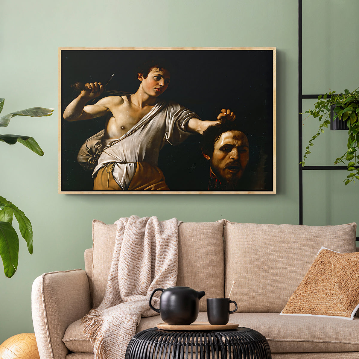 Natural wood floater framed canvas featuring an intense religious scene with figure emerging from darkness holding trophy, displayed above a sofa in a modern living room.