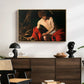 Saint John the Baptist in the Wilderness, c. 1603-1604 by Caravaggio displayed in a natural wood floater framed canvas above a dark wood credenza in an entryway.