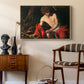 Saint John the Baptist in the Wilderness, c. 1603-1604 by Caravaggio as a natural wood floater framed canvas featuring a biblical youth seated outdoors with symbolic staff and minimal landscape, styled above a mid-century console in a contemporary living area.