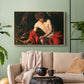 Natural wood floater framed canvas featuring a contemplative religious figure in rustic wilderness environment, displayed above a sofa in a modern living room.