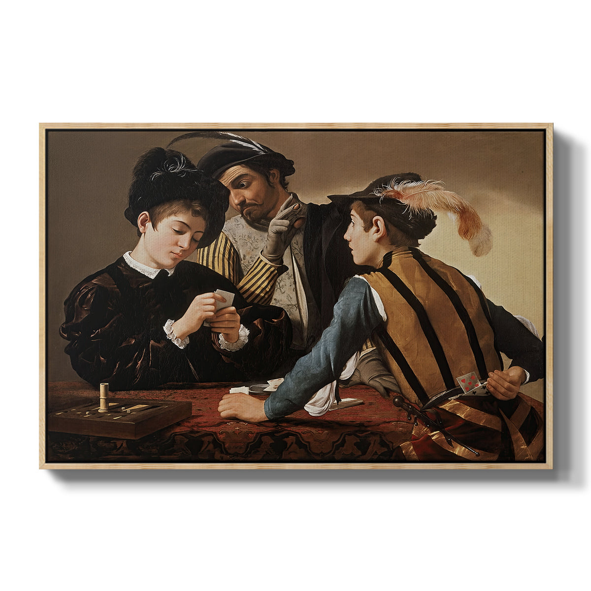 The Cardsharps, c. 1594 by Caravaggio in a natural wood floater framed canvas wall art display.