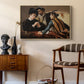 The Cardsharps, c. 1594 by Caravaggio as a natural wood floater framed canvas featuring a young men playing cards with one cheating and another watching closely, styled above a mid-century console in a contemporary living area.