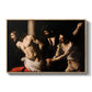 The Flagellation of Christ at the Column (Rouen Version), 1606 by Caravaggio in a natural wood floater framed canvas wall art display.