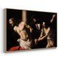Angled view of The Flagellation of Christ at the Column (Rouen Version), 1606 by Caravaggio in a natural wood floater framed canvas.