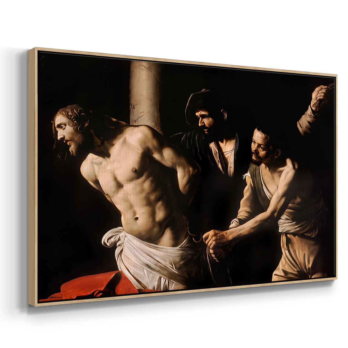 Angled view of The Flagellation of Christ at the Column (Rouen Version), 1606 by Caravaggio in a natural wood floater framed canvas.