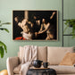 Natural wood floater framed canvas featuring an intense Baroque scene of suffering with strong light and shadow, displayed above a sofa in a modern living room.