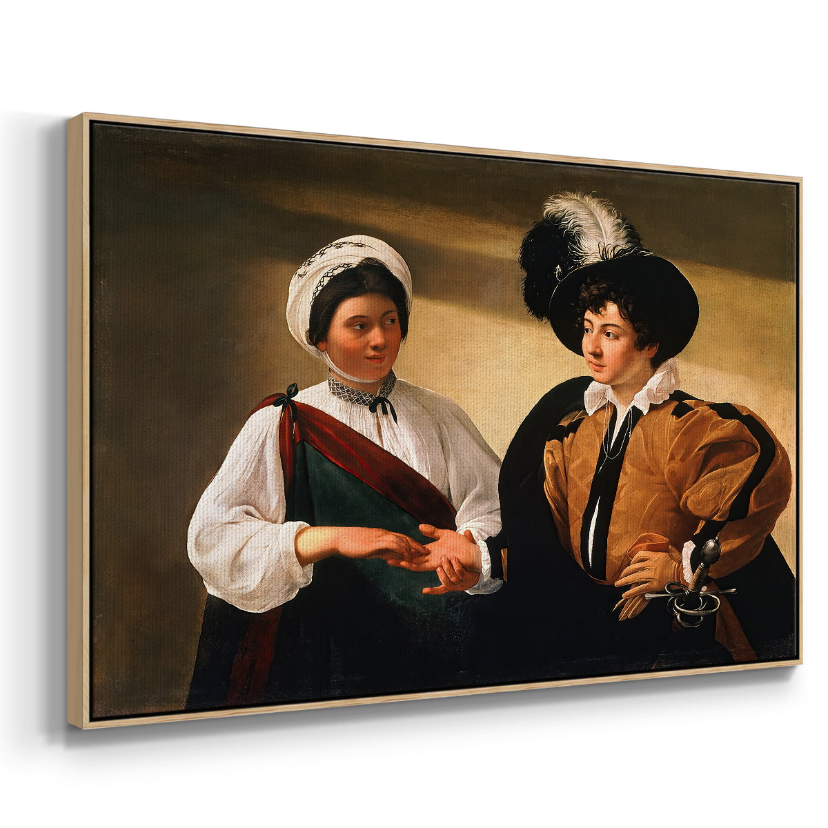 Angled view of The Fortune Teller (Louvre Version), c. 1595 by Caravaggio in a natural wood floater framed canvas.