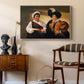 The Fortune Teller (Louvre Version), c. 1595 by Caravaggio as a natural wood floater framed canvas featuring an intimate scene of palm reading with subtle act of theft, styled above a mid-century console in a contemporary living area.