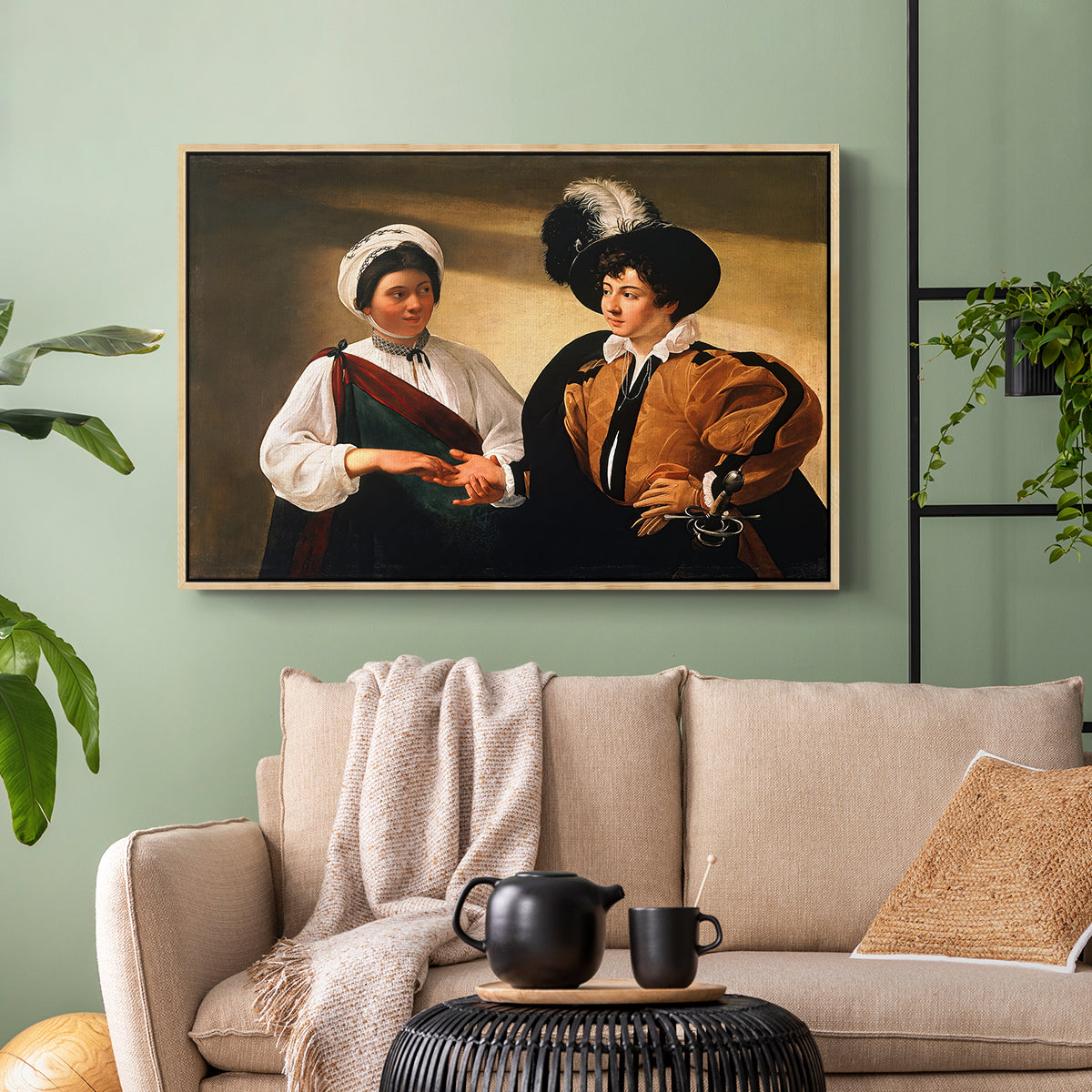 Natural wood floater framed canvas featuring two figures engaged in fortune telling with hidden deception, displayed above a sofa in a modern living room.
