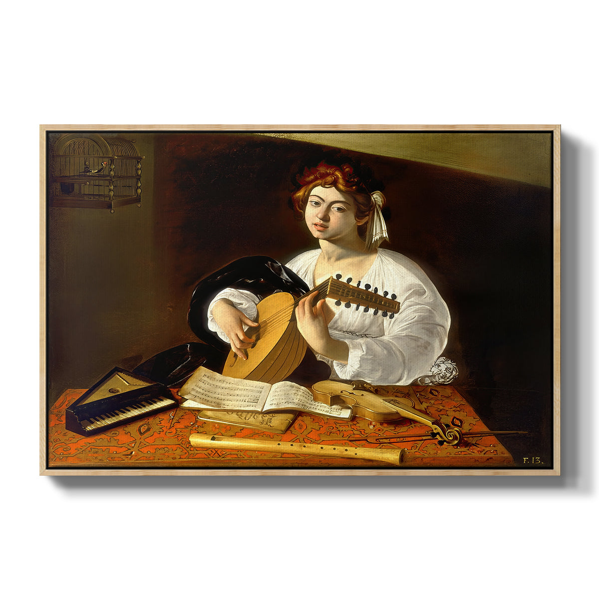 The Lute Player (Wildenstein Version), c. 1596 by Caravaggio in a natural wood floater framed canvas wall art display.