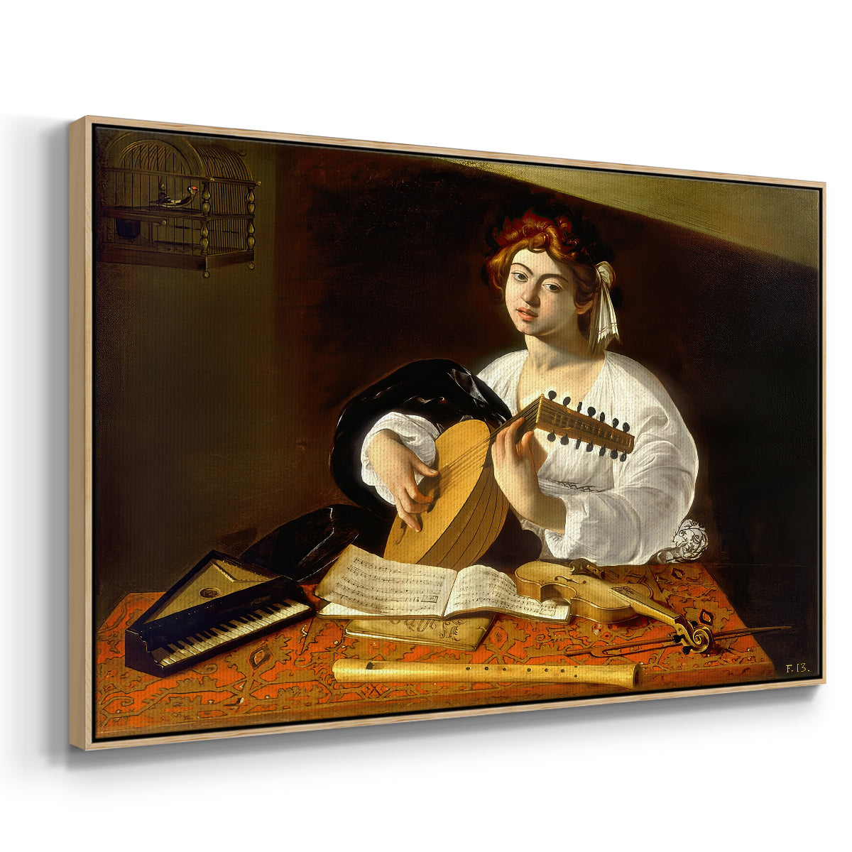 Angled view of The Lute Player (Wildenstein Version), c. 1596 by Caravaggio in a natural wood floater framed canvas.