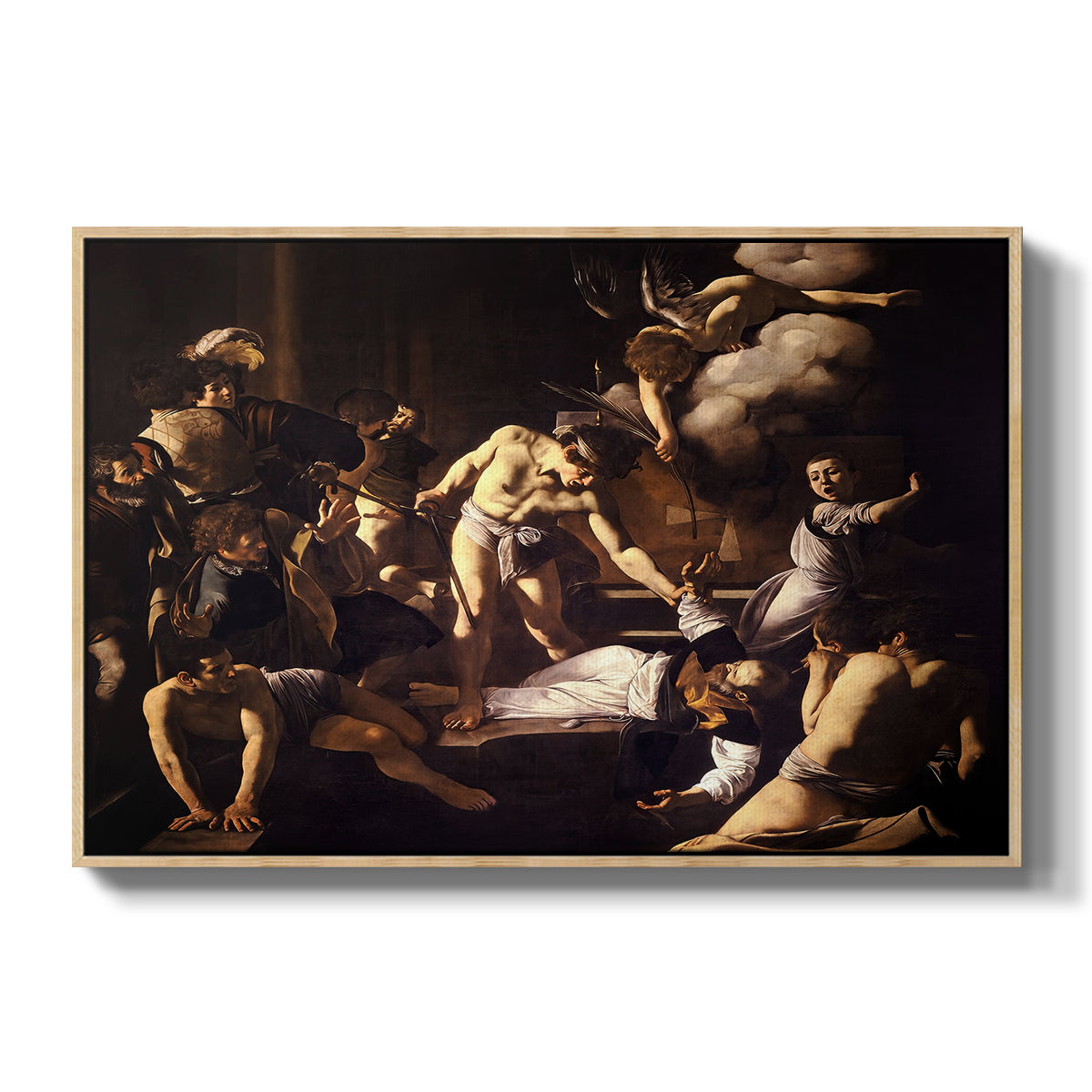 The Martyrdom of Saint Matthew, 1599-1600 by Caravaggio in a natural wood floater framed canvas wall art display.