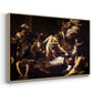 Angled view of The Martyrdom of Saint Matthew, 1599-1600 by Caravaggio in a natural wood floater framed canvas.
