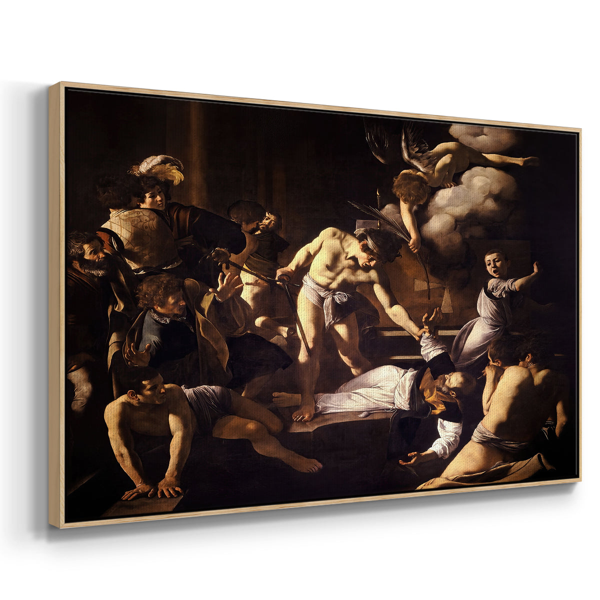 Angled view of The Martyrdom of Saint Matthew, 1599-1600 by Caravaggio in a natural wood floater framed canvas.