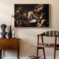 The Martyrdom of Saint Matthew, 1599-1600 by Caravaggio as a natural wood floater framed canvas featuring a religious narrative showing violent attack on saint in crowded setting, styled above a mid-century console in a contemporary living area.