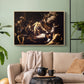 Natural wood floater framed canvas featuring a Baroque composition of movement and emotion during martyrdom, displayed above a sofa in a modern living room.