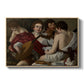 The Musicians, c. 1595 by Caravaggio in a natural wood floater framed canvas wall art display.