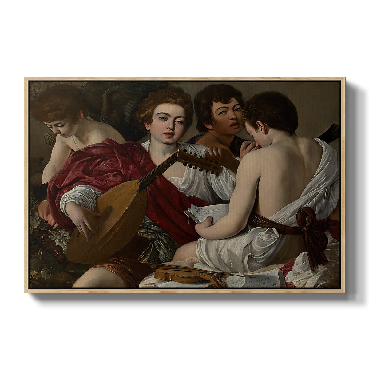 The Musicians, c. 1595 by Caravaggio in a natural wood floater framed canvas wall art display.
