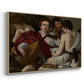 Angled view of The Musicians, c. 1595 by Caravaggio in a natural wood floater framed canvas.