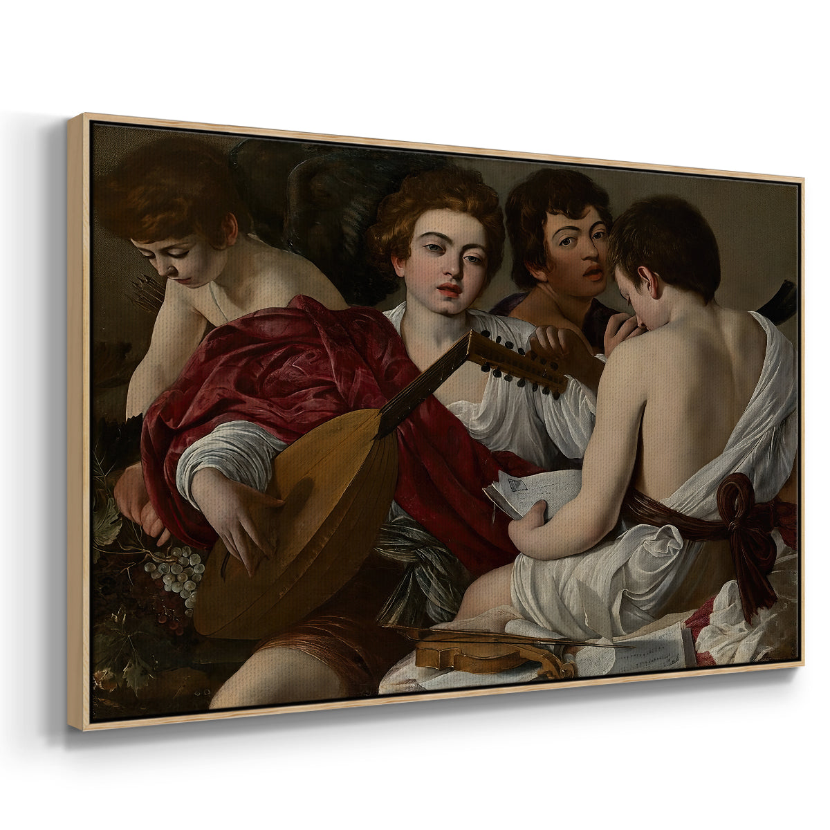 Angled view of The Musicians, c. 1595 by Caravaggio in a natural wood floater framed canvas.