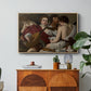 The Musicians, c. 1595 by Caravaggio in a natural wood floater framed canvas featuring a group of young men gathered together playing music with instruments, displayed above a wood console cabinet.