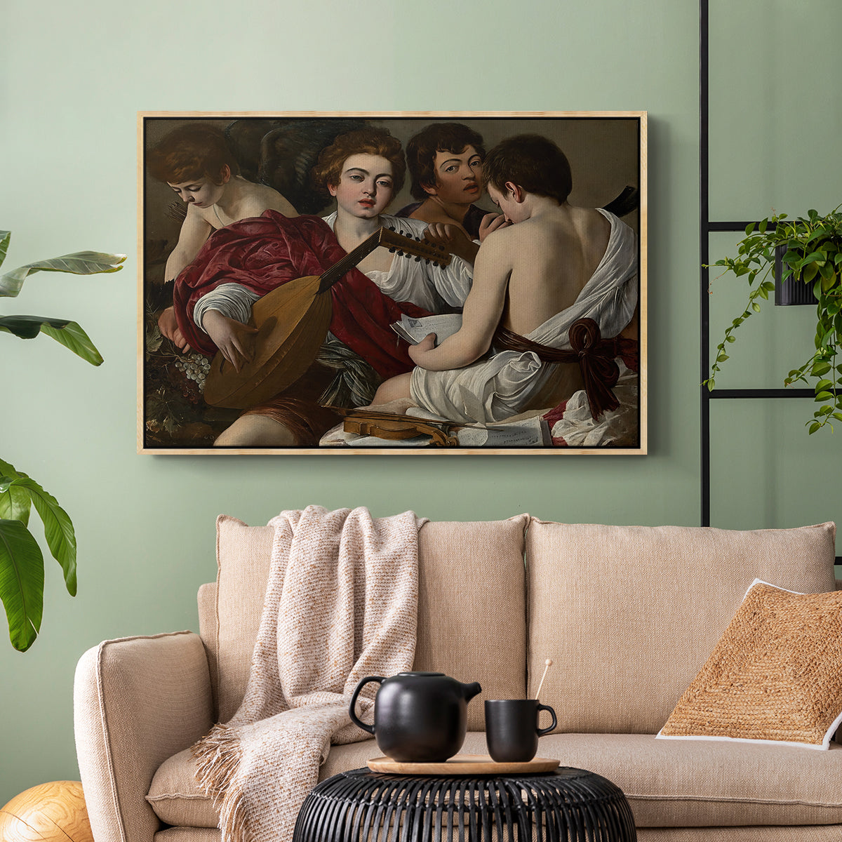 Natural wood floater framed canvas featuring a musical gathering with figures posed closely in soft light, displayed above a sofa in a modern living room.