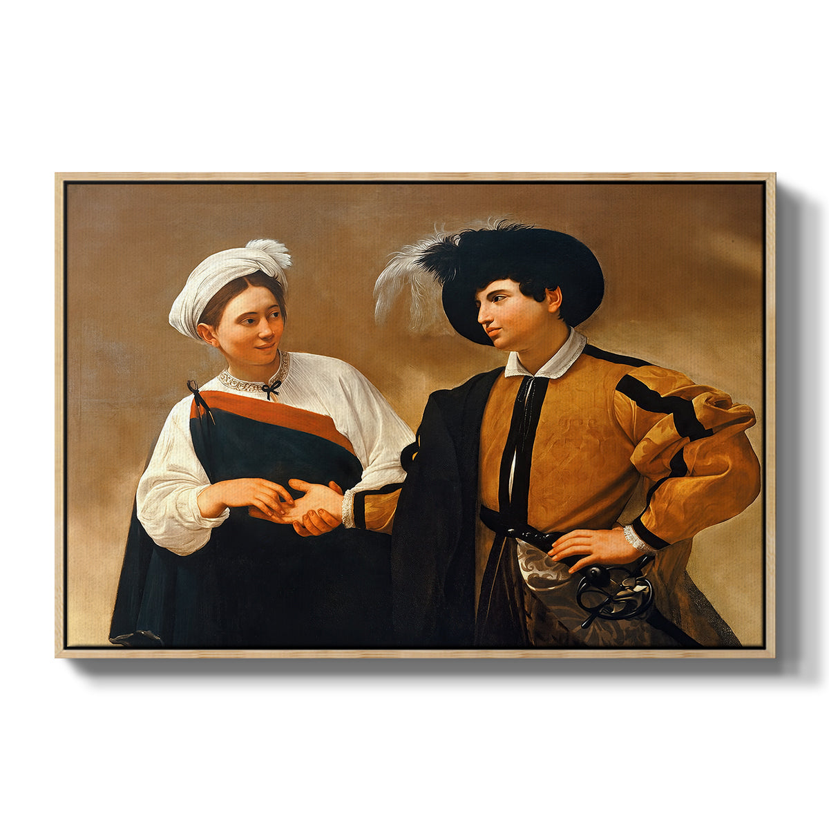 The Fortune Teller (Capitoline Version), c. 1599 by Caravaggio in a natural wood floater framed canvas wall art display.