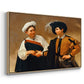 Angled view of The Fortune Teller (Capitoline Version), c. 1599 by Caravaggio in a natural wood floater framed canvas.