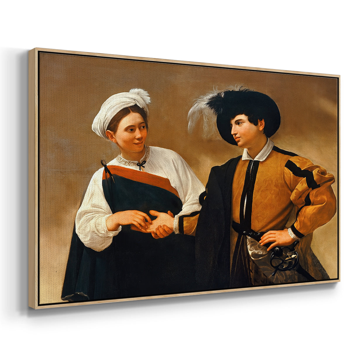 Angled view of The Fortune Teller (Capitoline Version), c. 1599 by Caravaggio in a natural wood floater framed canvas.