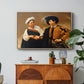 The Fortune Teller (Capitoline Version), c. 1599 by Caravaggio in a natural wood floater framed canvas featuring a woman reading man's palm while discreetly removing his ring, displayed above a wood console cabinet.