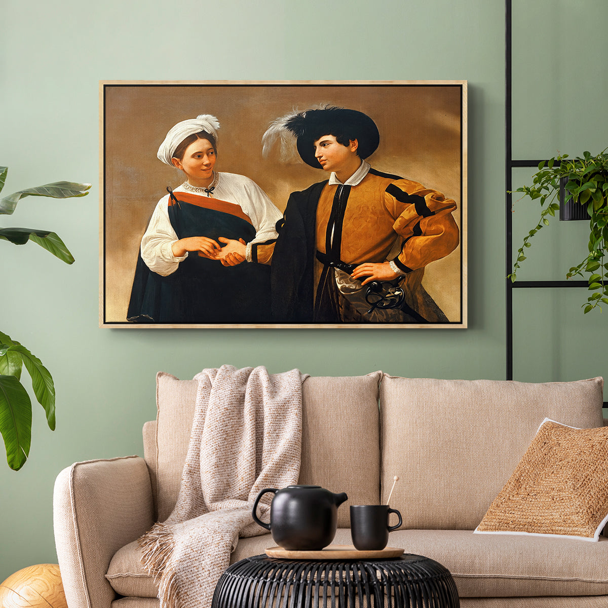 Natural wood floater framed canvas featuring a genre scene of fortune telling with subtle theft, displayed above a sofa in a modern living room.