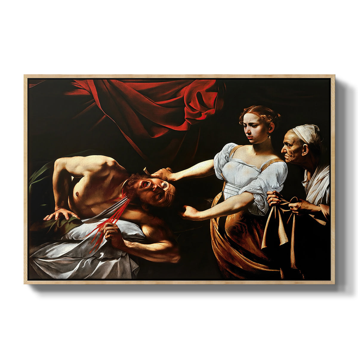 Judith Beheading Holofernes, c. 1599 by Caravaggio in a natural wood floater framed canvas wall art display.