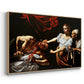 Angled view of Judith Beheading Holofernes, c. 1599 by Caravaggio in a natural wood floater framed canvas.
