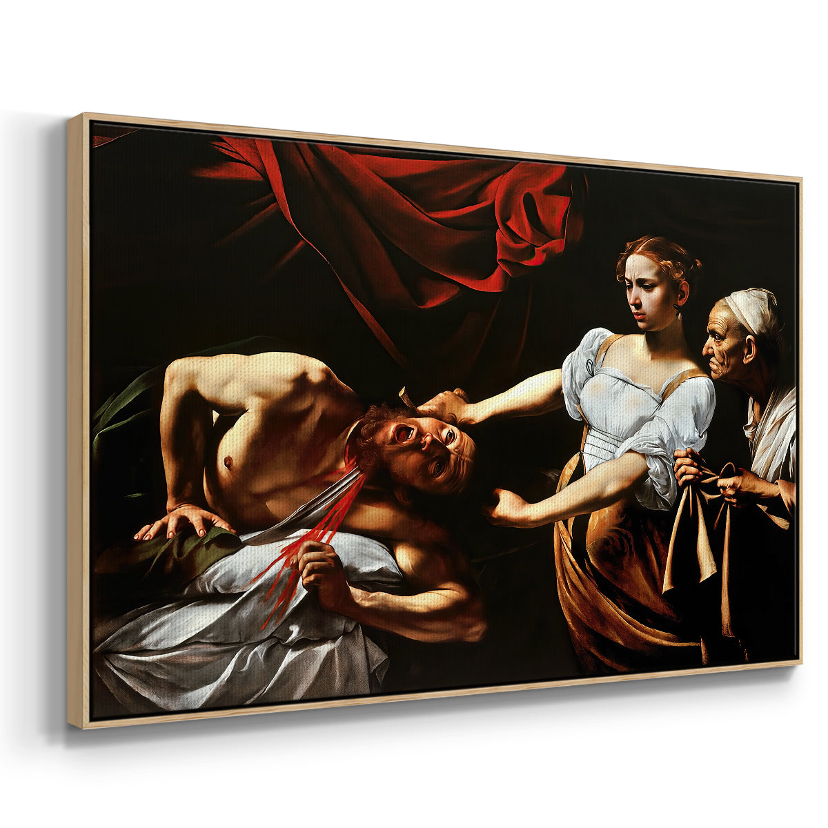Angled view of Judith Beheading Holofernes, c. 1599 by Caravaggio in a natural wood floater framed canvas.